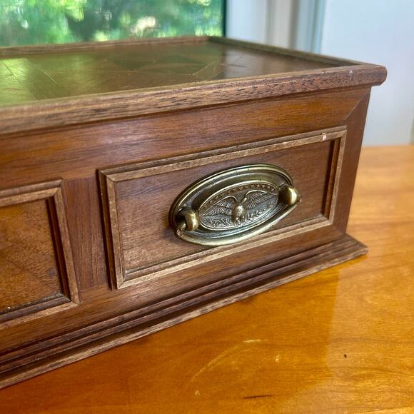 Vintage Wooden Parquet Style Two-Drawer Jewelry Trinket Box with Brass Pulls - Picture 12 of 16